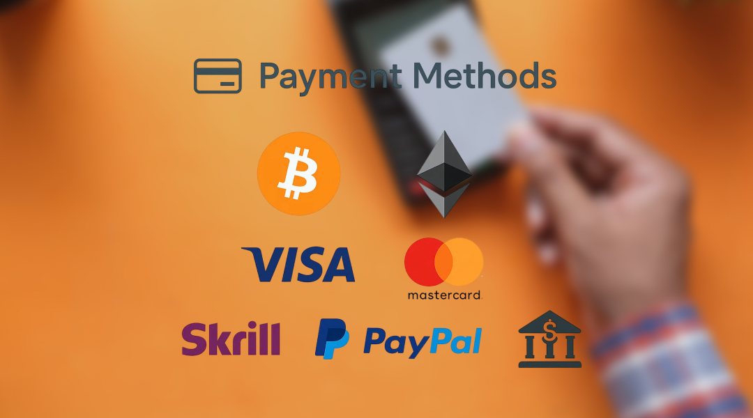 Logos of different payment methods such as: bitcoin, ethereum, visa, Mastercard, Skrill, PayPal or a bank icon