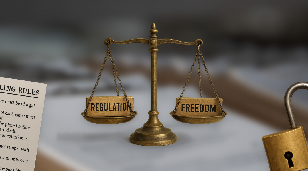 Scales of justice with "Regulation" on one side and "freedom" on the other.