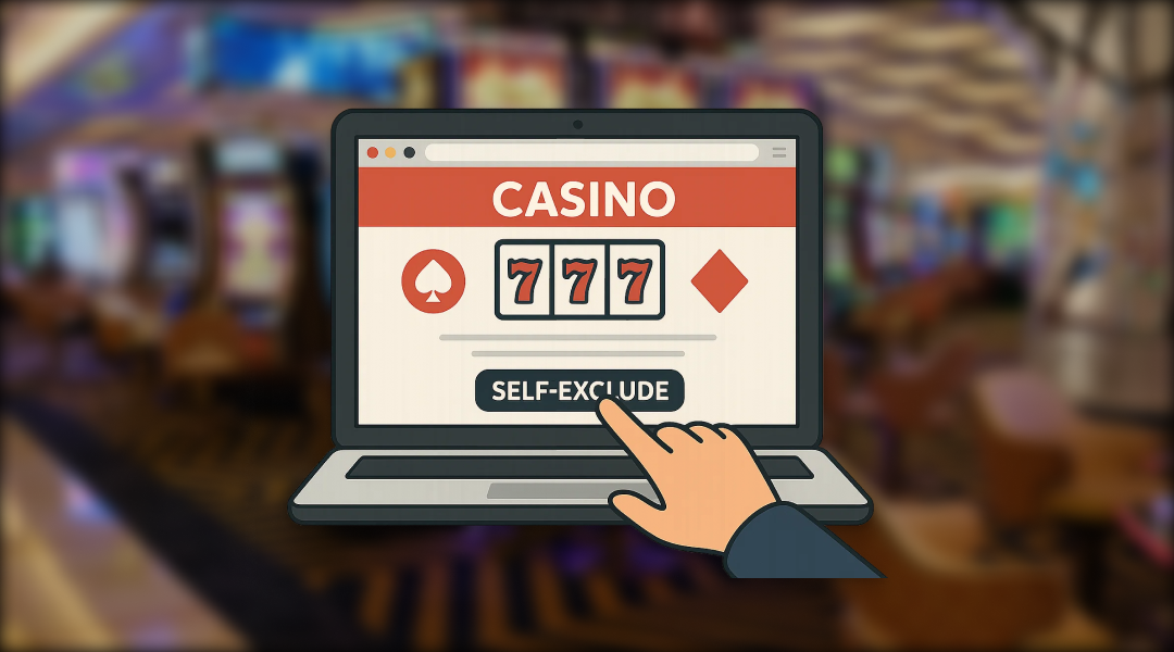 An illustration of a casino website and someone clicking a "Self-exclude" button.